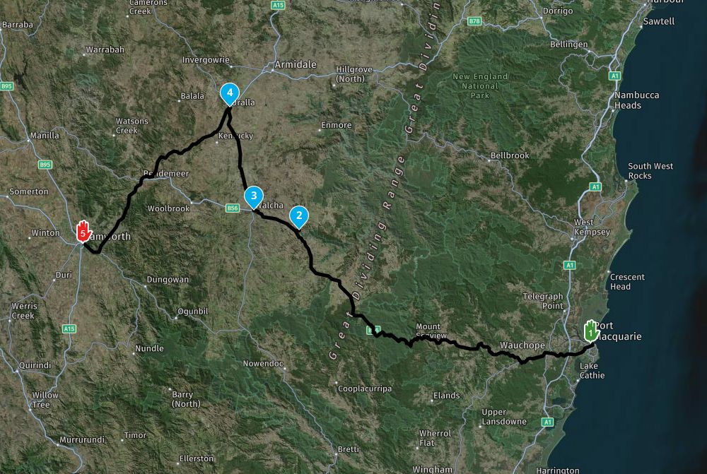 Day-05-Map-Port-Macquarie-to-Tamworth-hybrid Ride New South Wales's Northwest Roads - 07 November 2026 - 8 Days
